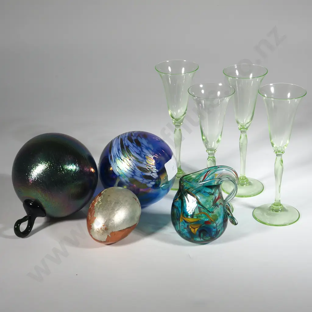 Four Iridescent Green Sherry Glasses. Two Art Glass Balls, an Egg & a Small Jug. Image 1++