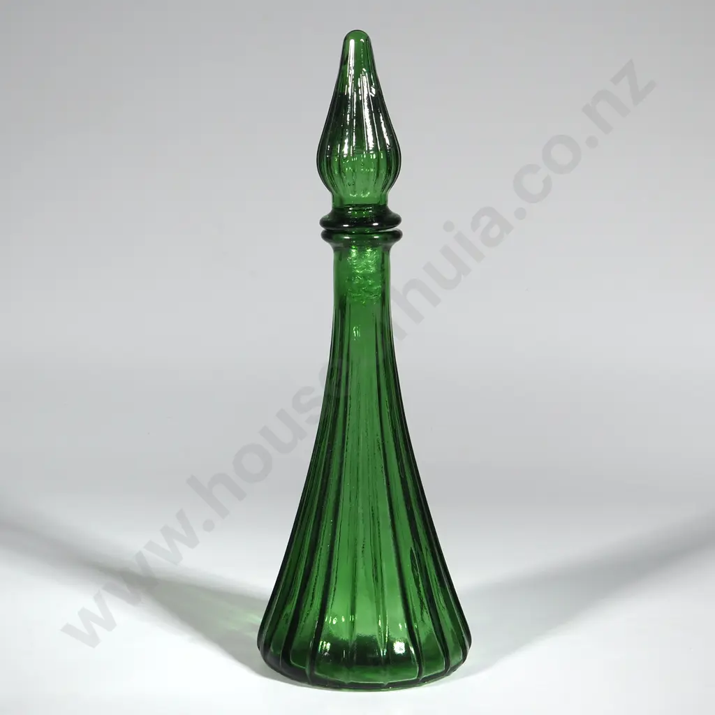 Green Glass Little Genie Bottle/Decanter w Fluted Body. Image 1++