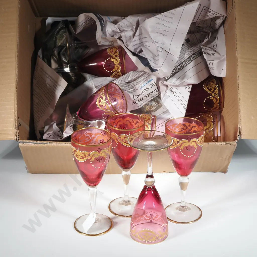 Four Vintage Ruby & Enamel Stemmed Wine Glasses & Six Matching Smaller Stemmed Glasses. Image 1++