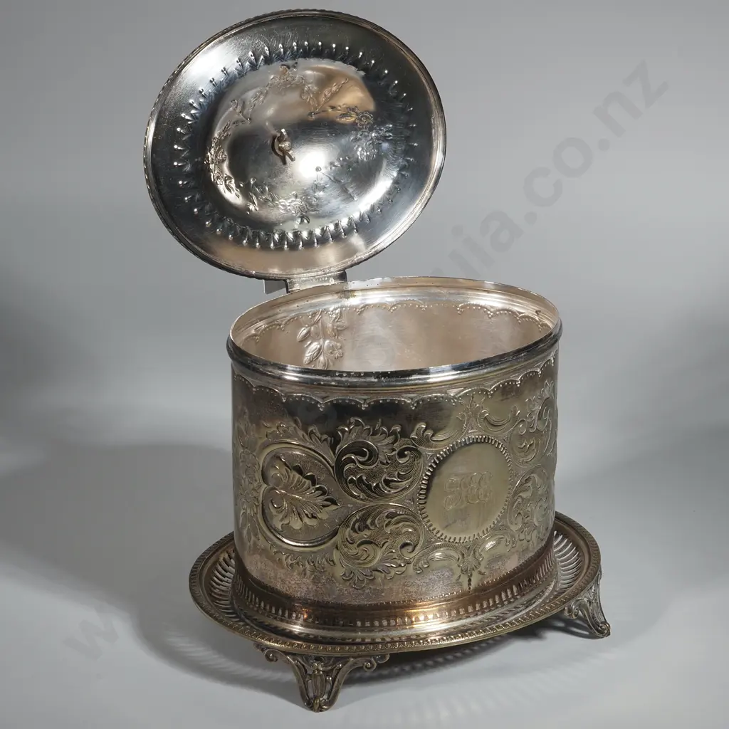 Antique Oval Silver Plate Biscuit Barrel On Four Scroll Feet w Swan Finial & Allover Scroll Engraving. Image 1++
