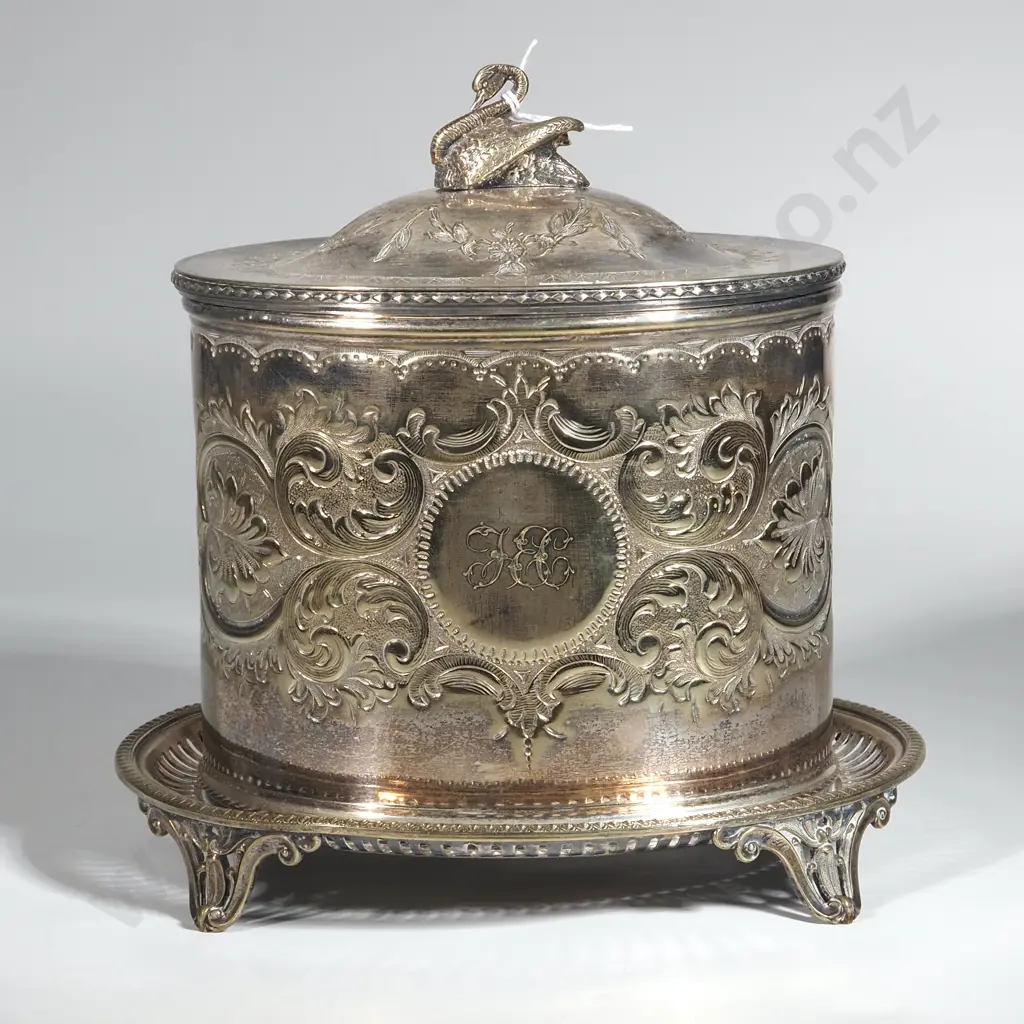 Antique Oval Silver Plate Biscuit Barrel On Four Scroll Feet w Swan Finial & Allover Scroll Engraving. Image 1++