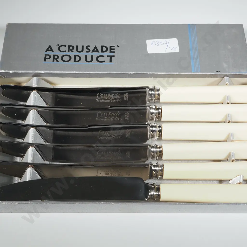 Six Cased Crusade Sheffield Firths Stainless Steel Table Knives w Faux Bone Handles. Image 1++