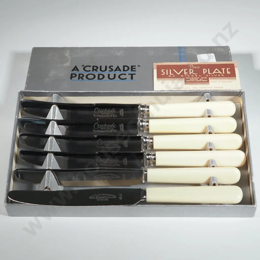 Six Cased Crusade Sheffield Firths Stainless Steel Dessert Knives w Faux Bone Handles. Image 1++