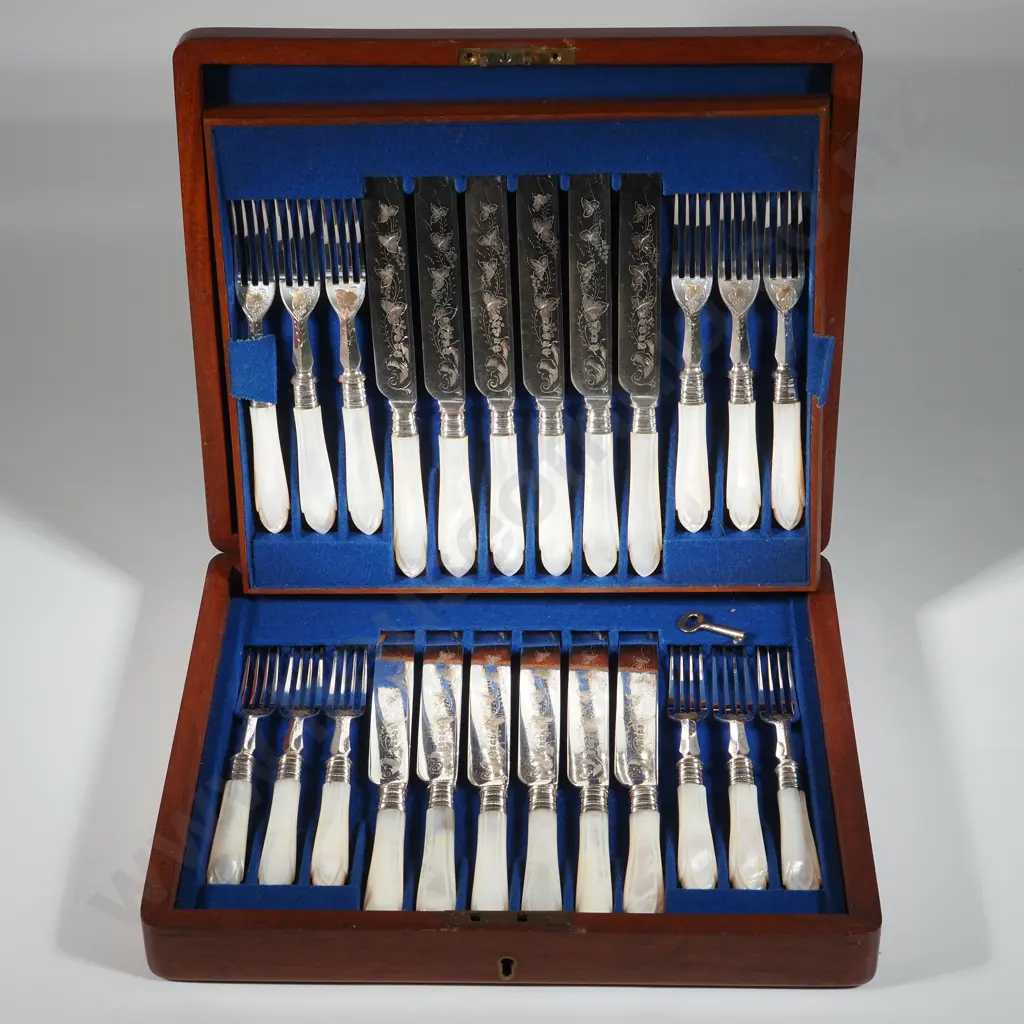 Antique MOP Mahogany Cased Set Of Twelve MOP & Silver Plate Fruit Knives & Forks. Image 1++