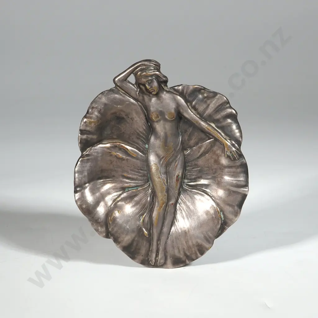 Small Art Nouveau Metal Dish w Reclining Female Figure in A Flower. Image 1++