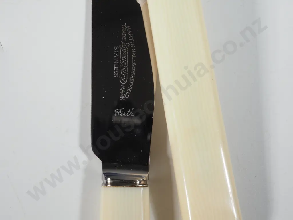 Two Cased Crusade Sheffield Firths Stainless Steel Dessert Knives w Faux Bone Handles. Image 1++