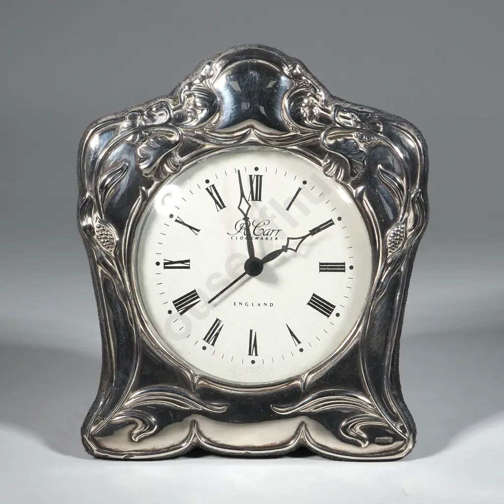 Sterling Silver Table Clock w Art Nouveau Floral Style Frame. Image 1++