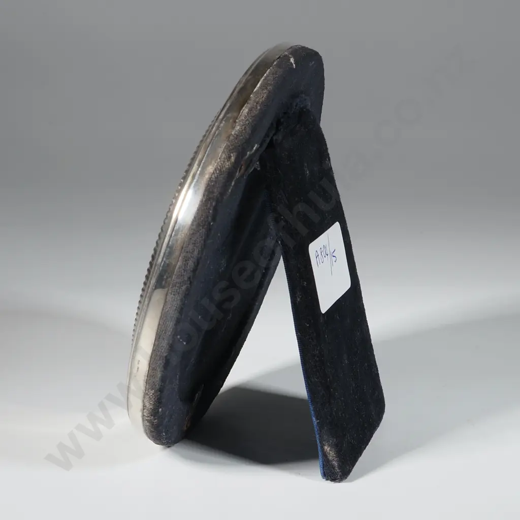 Round Sterling Silver Photo Frame w Beaded Edge & Blue Velvet Backing. Image 1++