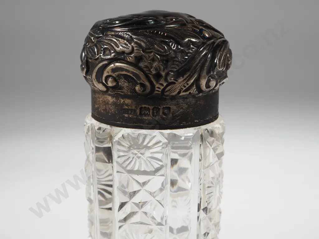 Antique Cut Glass & Sterling Silver Top Dressing Table Bottle. Image 1++
