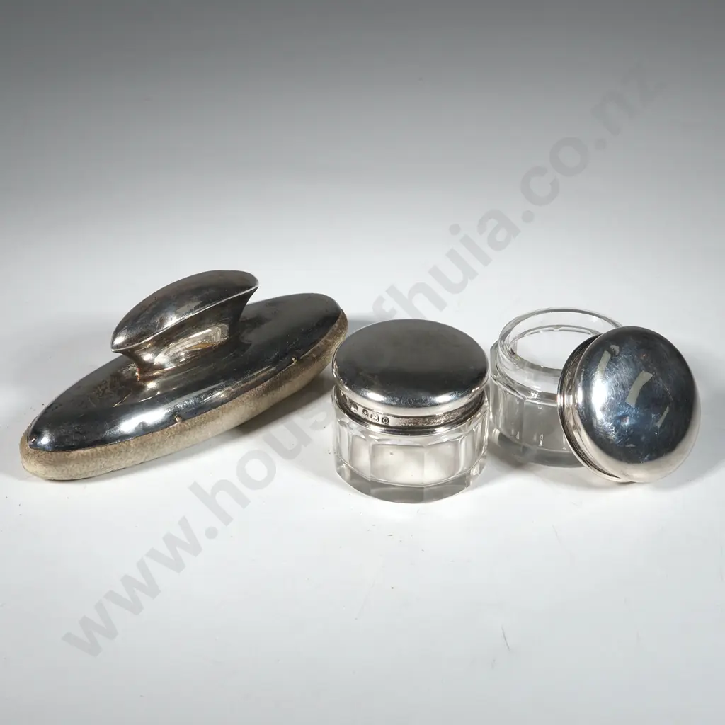 Two Sterling Silver & Glass Powder Jars & A Nail Buffer.  Image 1++