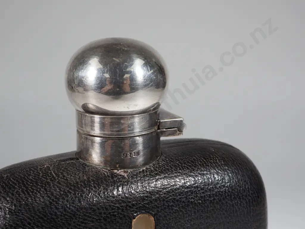 Vintage Spirit Flask w Leather Covering, & a Vintage Ballantynes Box. Image 1++