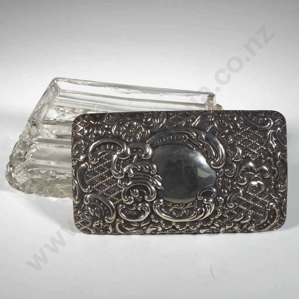 Sterling Silver Rectangular Dressing Table Jar w Embossed & Scroll Decoration. Image 1++