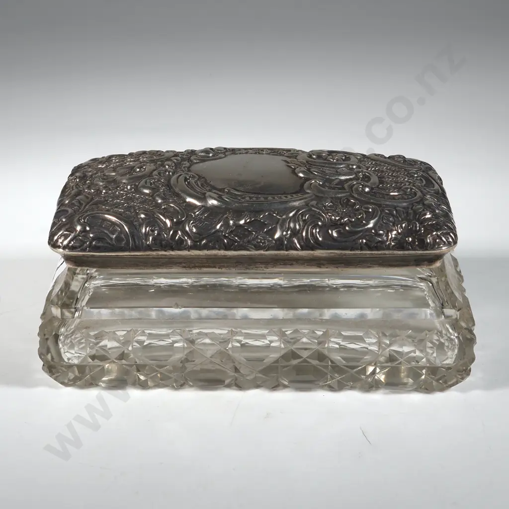 Sterling Silver Rectangular Dressing Table Jar w Embossed & Scroll Decoration. Image 1++