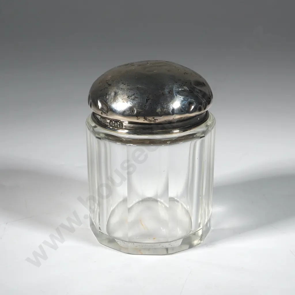 Sterling Silver & Glass Jar w Faceted Base & Initialed Lid. Image 1++