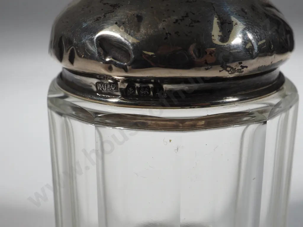 Sterling Silver & Glass Jar w Faceted Base & Initialed Lid. Image 1++