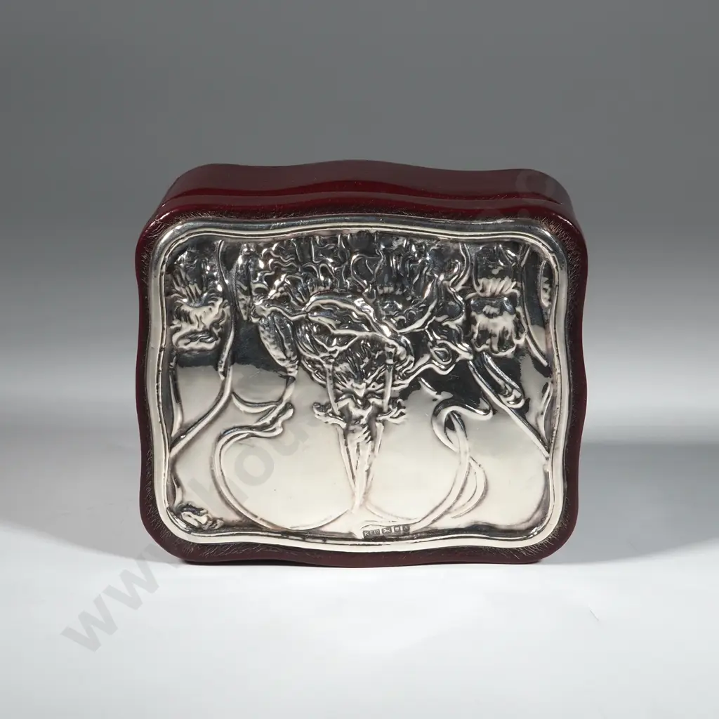 Leather Trinket Box w Applied Sterling Silver Lid Decorated in Art Nouveau Style. Image 1++