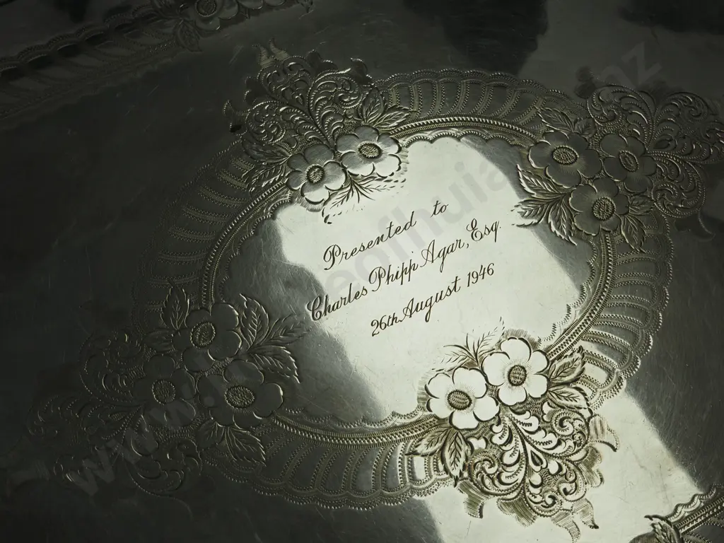 Large EPNS Double Handled Gallery Tray w Engraved Decoration & Inscription. Image 1++