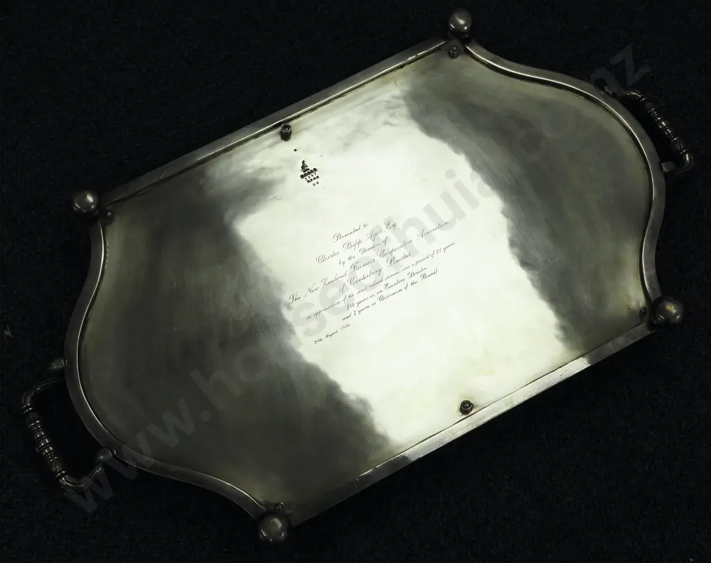Large EPNS Double Handled Gallery Tray w Engraved Decoration & Inscription. Image 1++