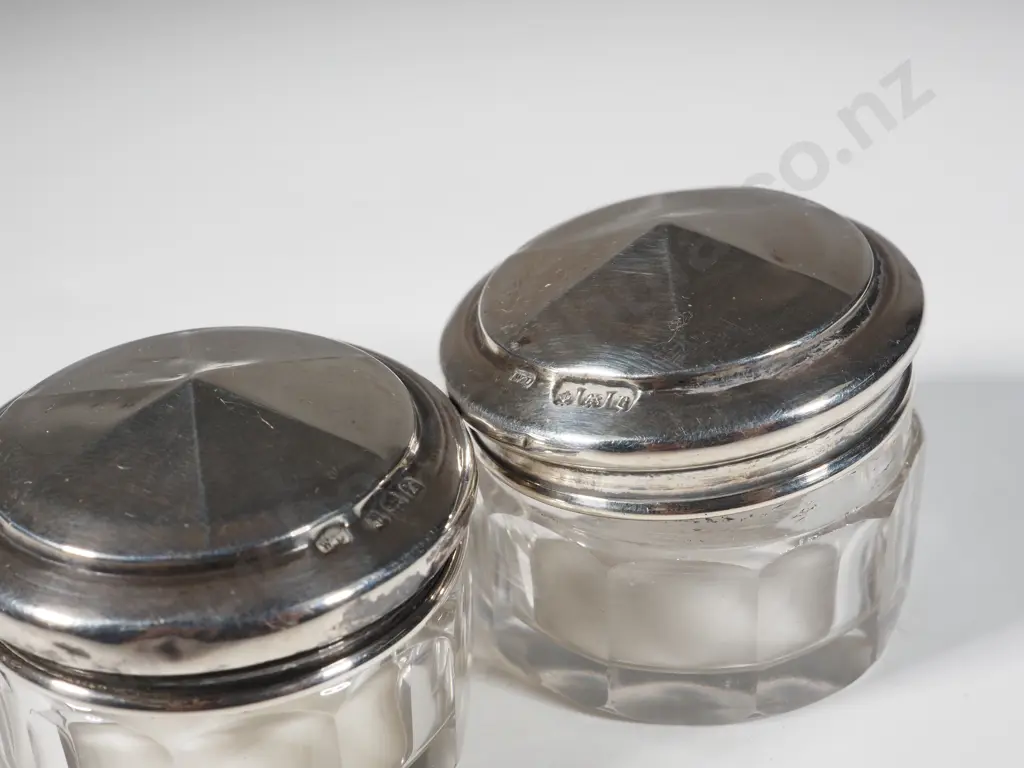 Pair of Sterling Silver Lidded Glass Rouge Pots with Glass Bases. Image 1++