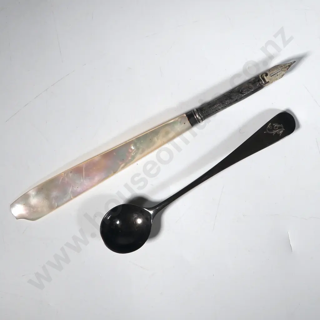Georgian Sterling Silver Mustard Spoon In The Old English Pattern, & a Sterling Silver & MOP Dip Pen. Image 1++