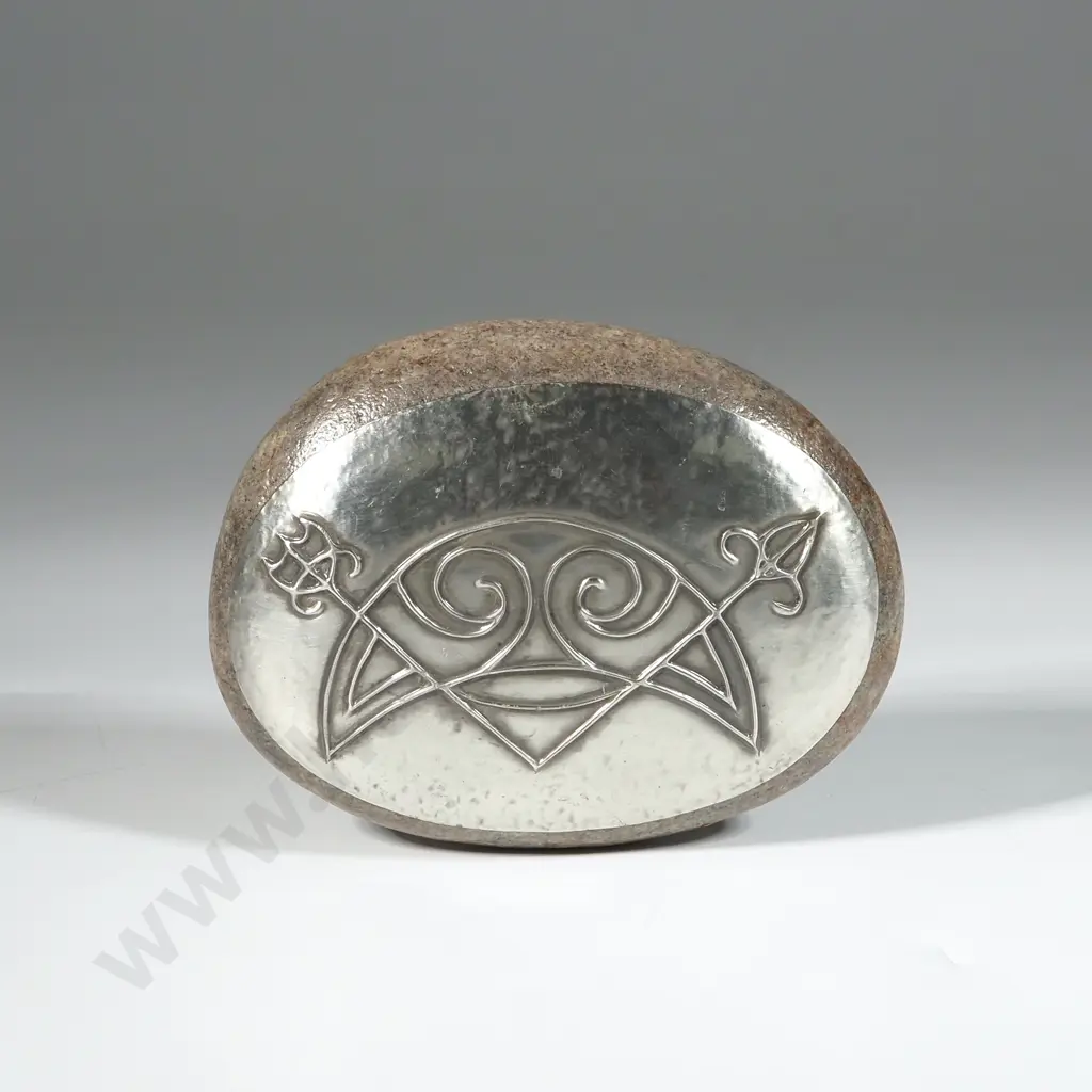 Stone Paperweight w Hand Worked Silver Detail Atop. Image 1++