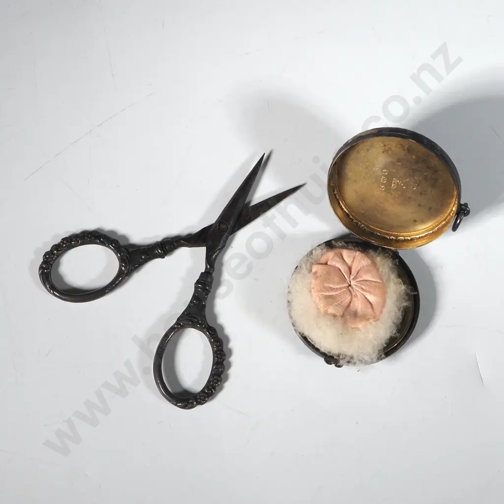 Antique Sterling Silver Scissors & Small Compact with Mirror. Image 1++