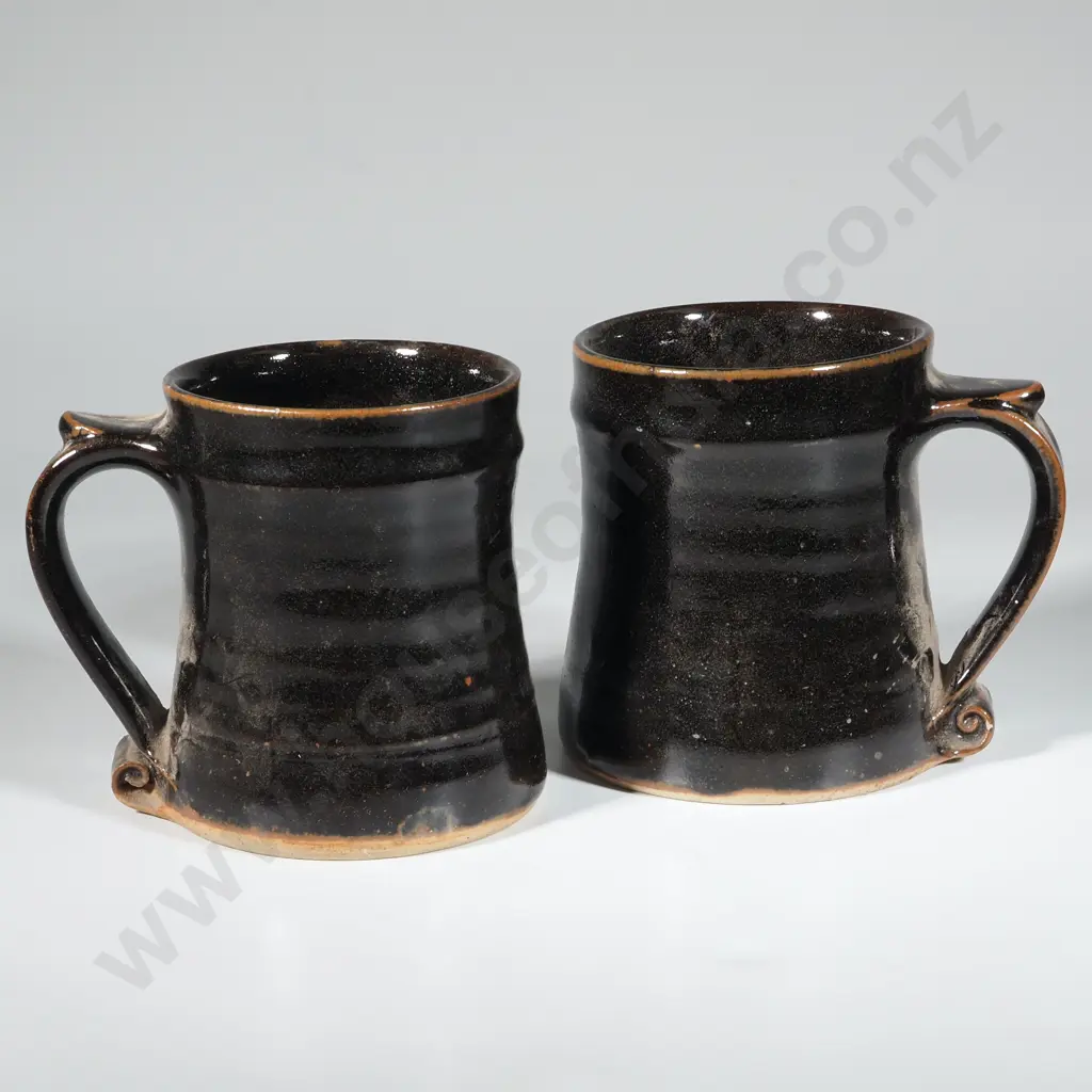Pair of Hand Made English Pottery Tankards w Black & Brown Glaze. Image 1++