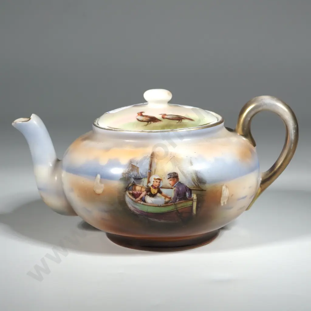 Small Royal Bayreuth Teapot Decorated w Sailboat, Sailors & Birds Image 1++