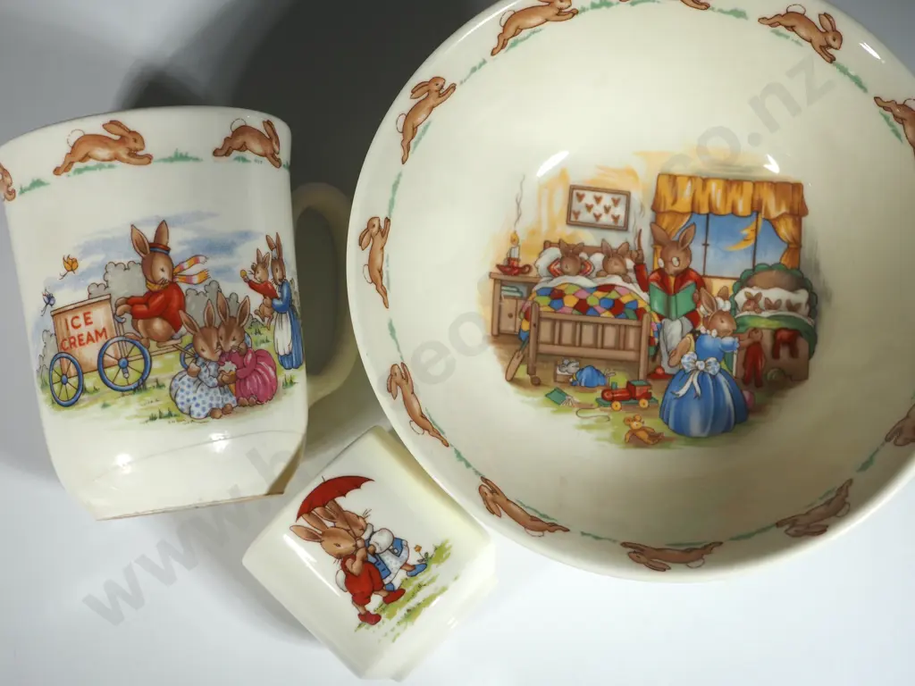 Vintage Royal Doulton Dessert Bowl, Mug A/F,  and a Bunnykins Egg Cup. Image 1++