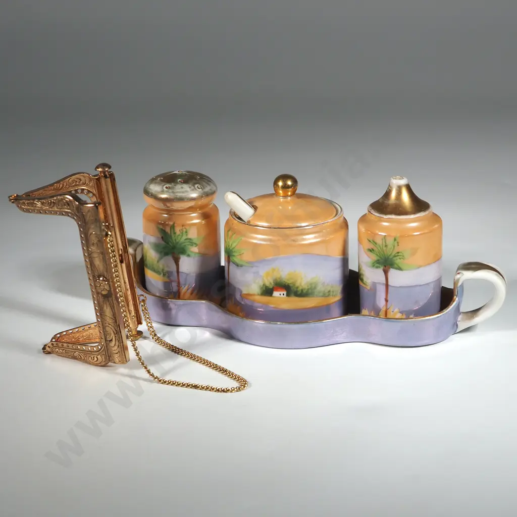 Noritake Three Piece Cruet Set on Tray w Spoon -  Red Roof Design.  A Gilt Evening Bag Frame. Image 1++