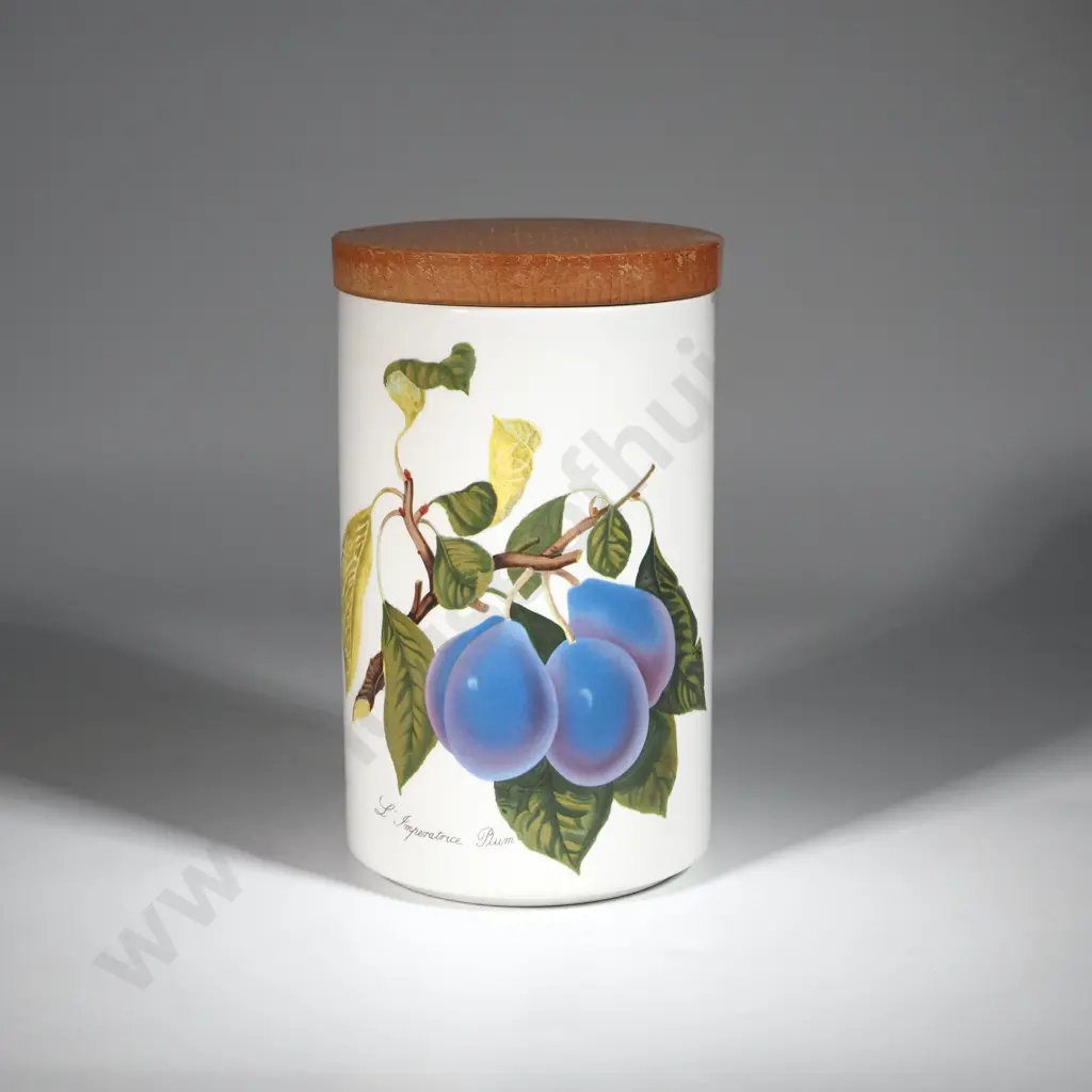 Portmeirion Pomona Plum Canister w Wooden Lid. Image 1++