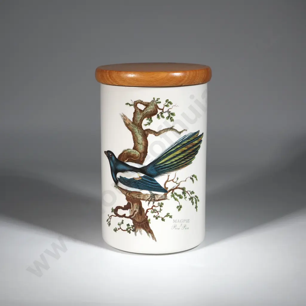 Portmeirion Bird of Britain Magpie Canister w Wooden Lid. Image 1++
