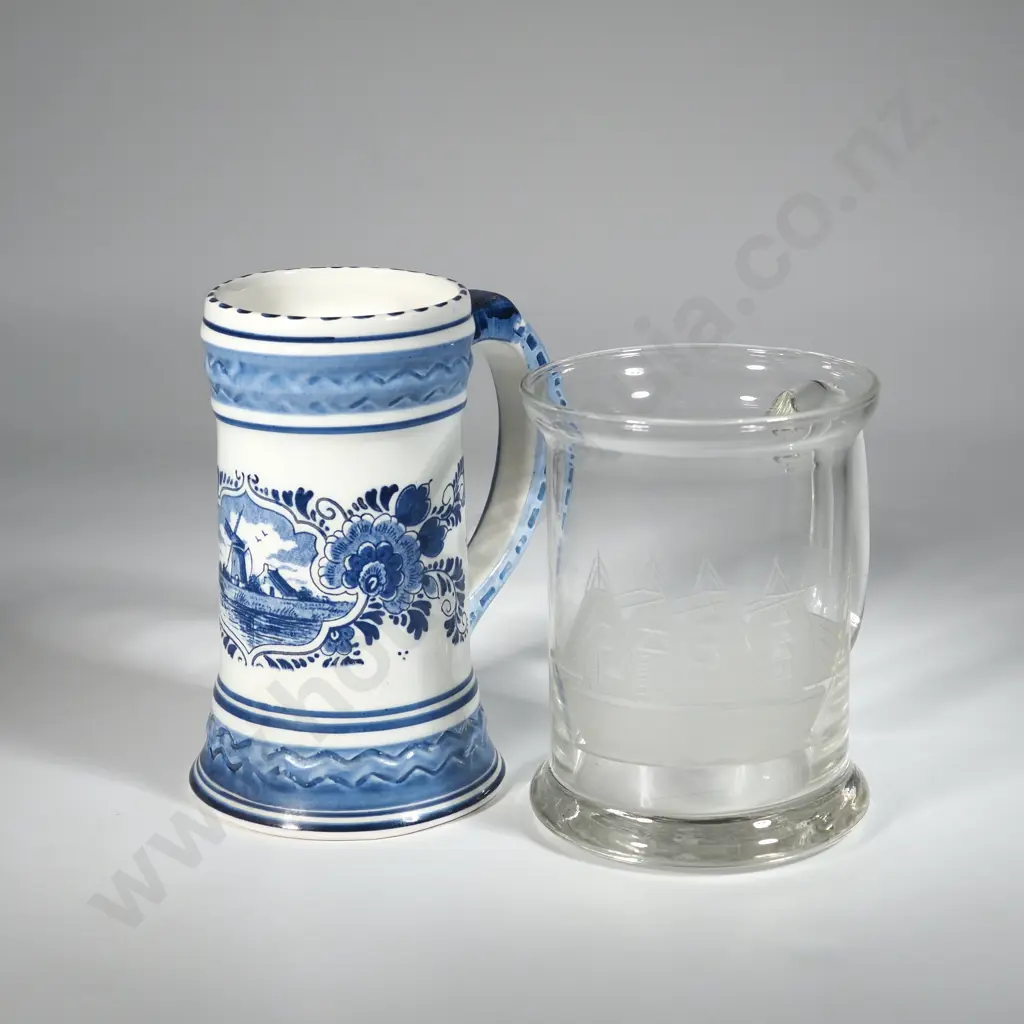 Delft  Blue & White Tankard, & Glass Beer Tankard w Engraved Sailing Ship. Image 1++