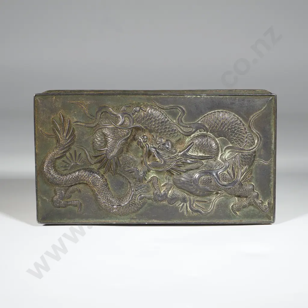 Antique Chinese Export Metal Box w Dragon Decoration to Lid. Image 1++