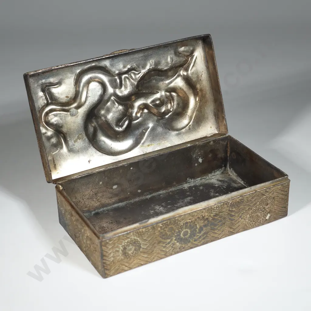 Antique Chinese Export Metal Box w Dragon Decoration to Lid. Image 1++