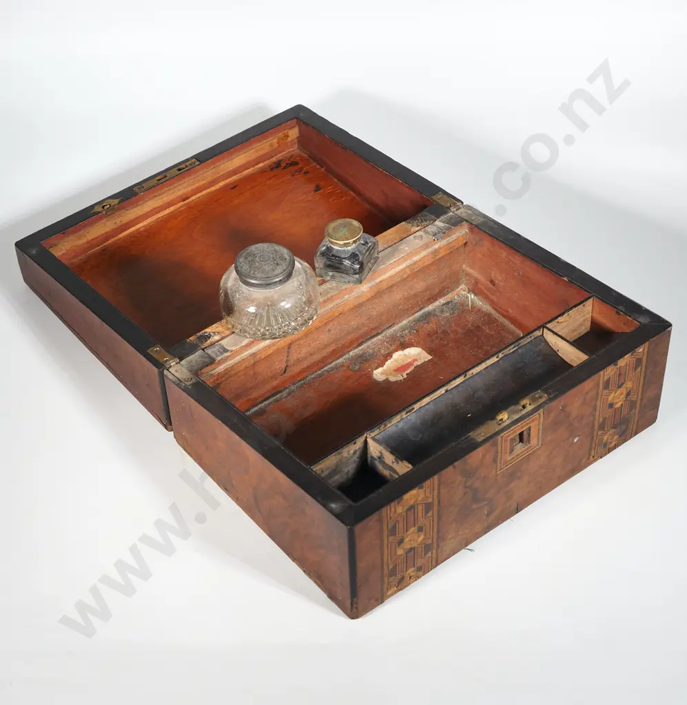 Marquetry Writing Box With Inkwell. Writing Slope Missing. Damaged. Image 1++