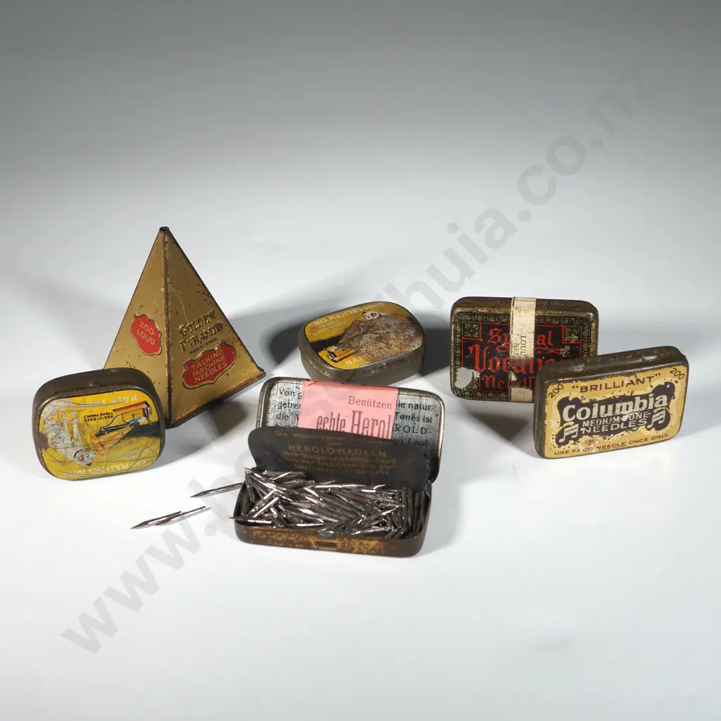 Lot of Six Vintage Gramophone Needle Tins, & a Pyramid Shaped Needle Dispensing Tin. Image 1++