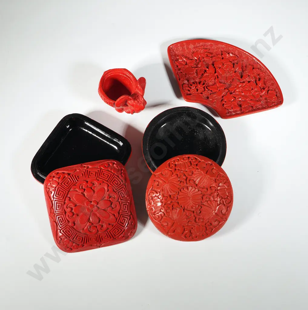 Four Pieces Of Cinnabar Lacquer Including Two Lidded Boxes, Fan Shaped Tray & A Small Elephant Container.  Image 1++