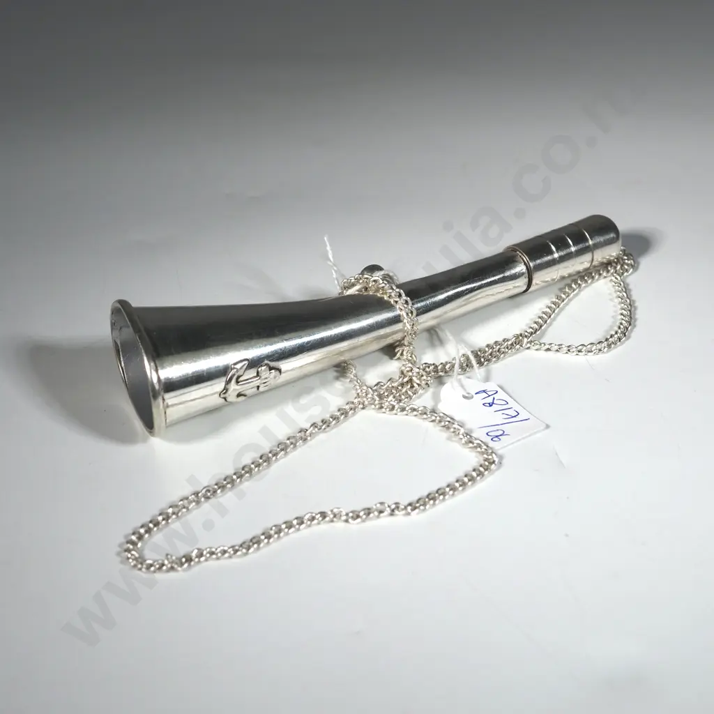 Chromed Brass Bugle  Horn w Silver Coloured Sling- New. Image 1++