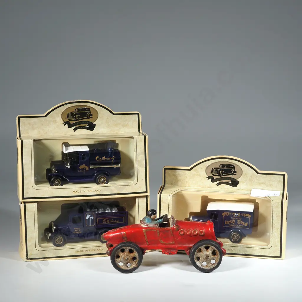 Cast Iron Toy Race Car - L125mms, & Three Cadbury Model Replicas. Image 1++