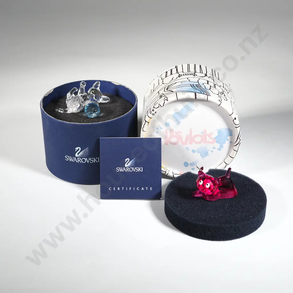 Swarovski Pink Crystal  Cat Figure & Swarovski Clear Crystal Cat Figure w Ball. Both In Original Boxes. Image 1++