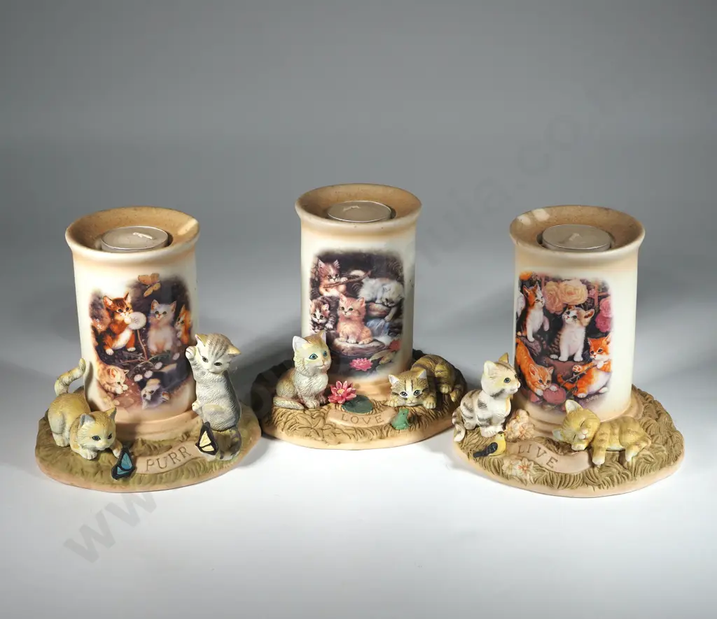 Three 2010 Bradford Exchange 'Love Much' Tea-light Candle Holders w Cat Motif. Image 1++