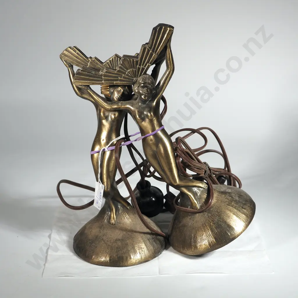 Pair Of Brass Art Deco Style Lamps Featuring Nude Females Holding Up the Shades Image 1++