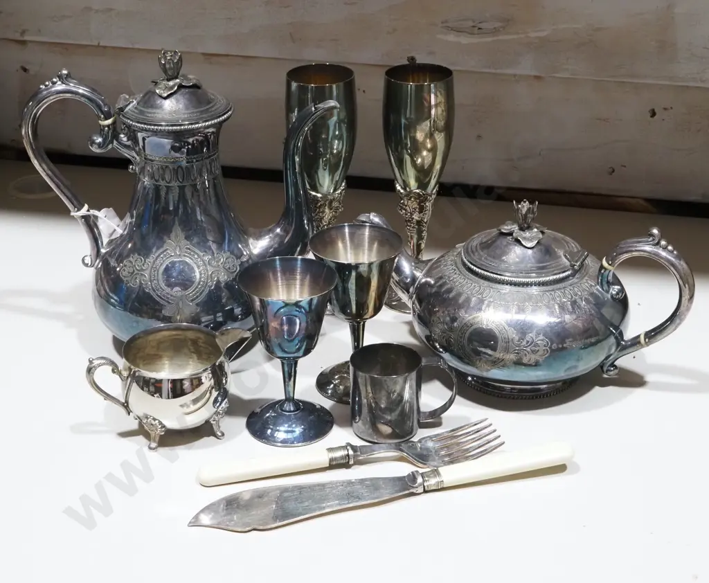 Silver Plated Items To Include Matching Teapot & Water Jug, Fish Servers, Christening Mug, Stemmed Wine Goblets & Jug Image 1++