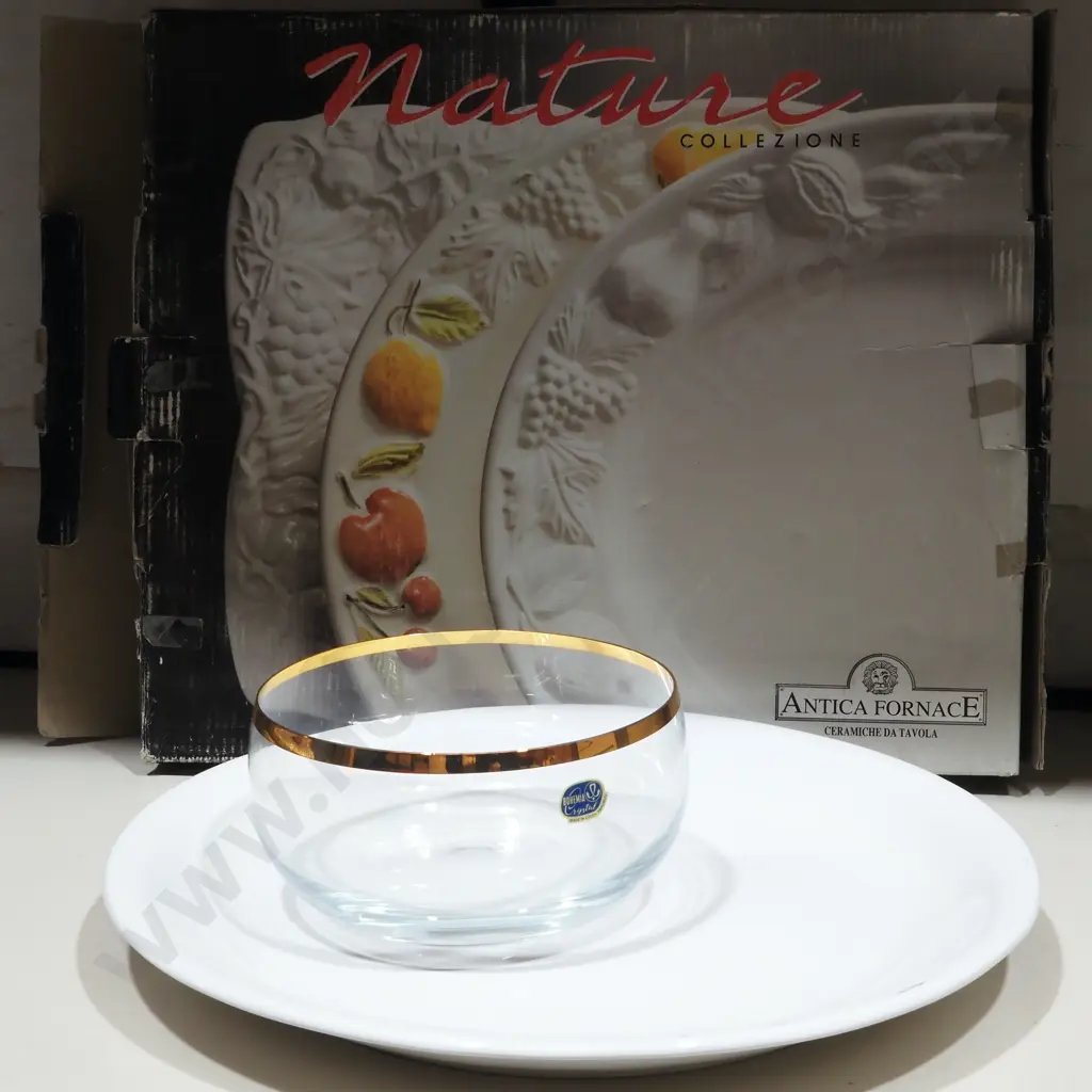 Two Large Serving Platters & A Bohemian Glass Bowl With Gold Rim. Image 1++