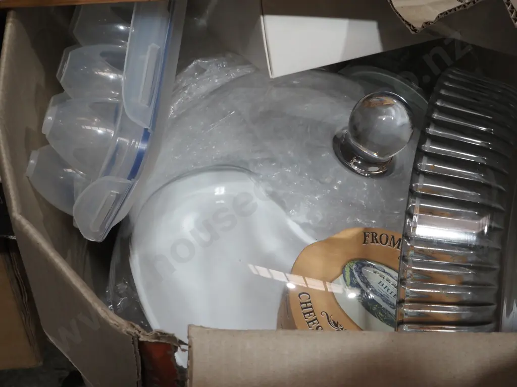 Glass Food Cover/Dome, Large White Platters, Wooden Bowl & Mezzluna, Glass Bowl, Lidded Container in Box,  Image 1++