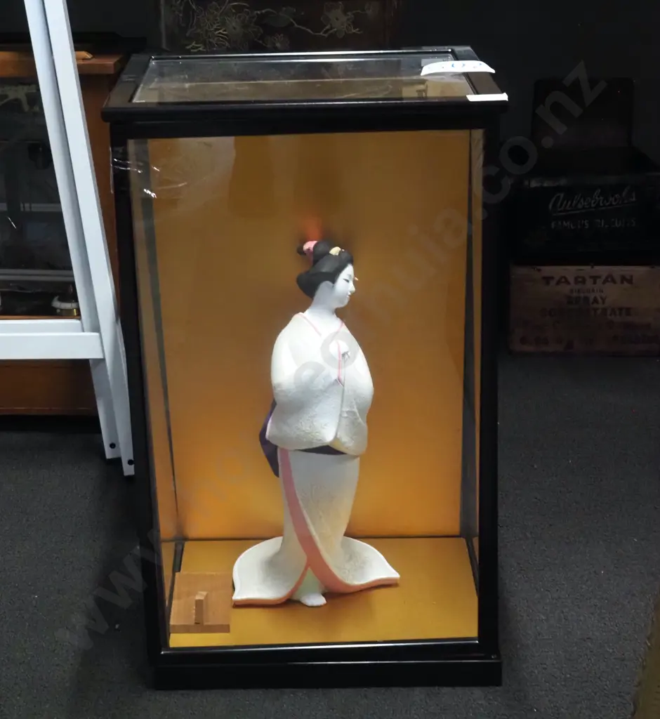 Ceramic Japanese Doll in Large Glass Display Case  Image 1++