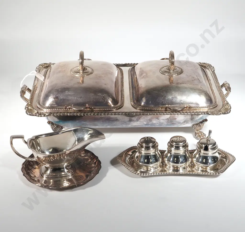 Quantity of Silver Plate To Include Condiment Set, Gravy Boat, Butter Dish & Double Chafing/Entree Dishes On Stand Image 1++