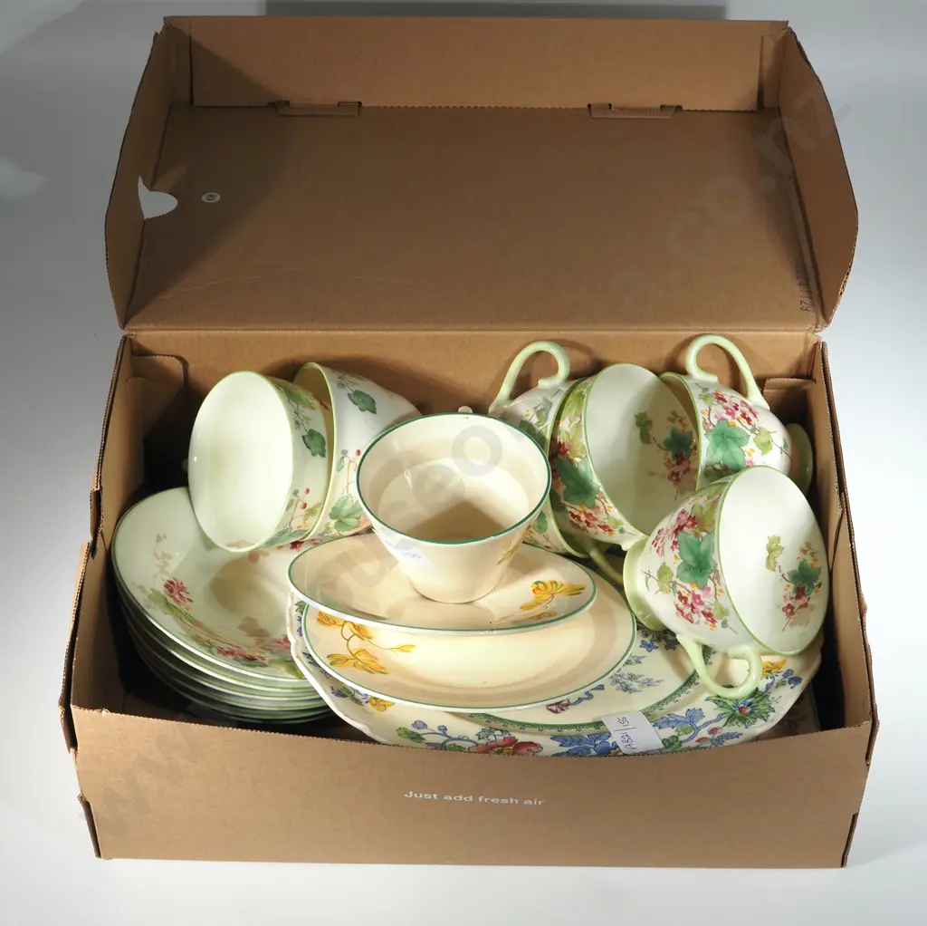 Royal Doulton Tea Set Comprising Six Cups, Saucers & Plates In The Gillian Pattern, Art Deco Burleigh Ware Trio  Image 1++